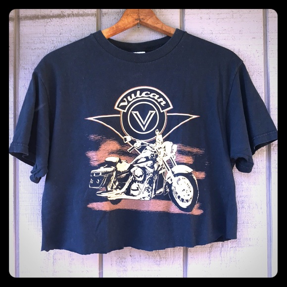 Tops - VULCAN Cotton Cropped Black Motorcycle T-Shirt L